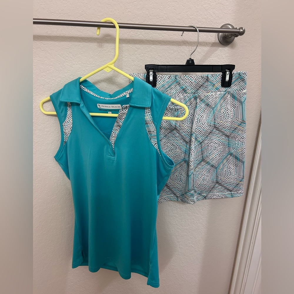 Sleeveless Turquoise Pebble Beach Shirt with small Pebble Beach Design skort.